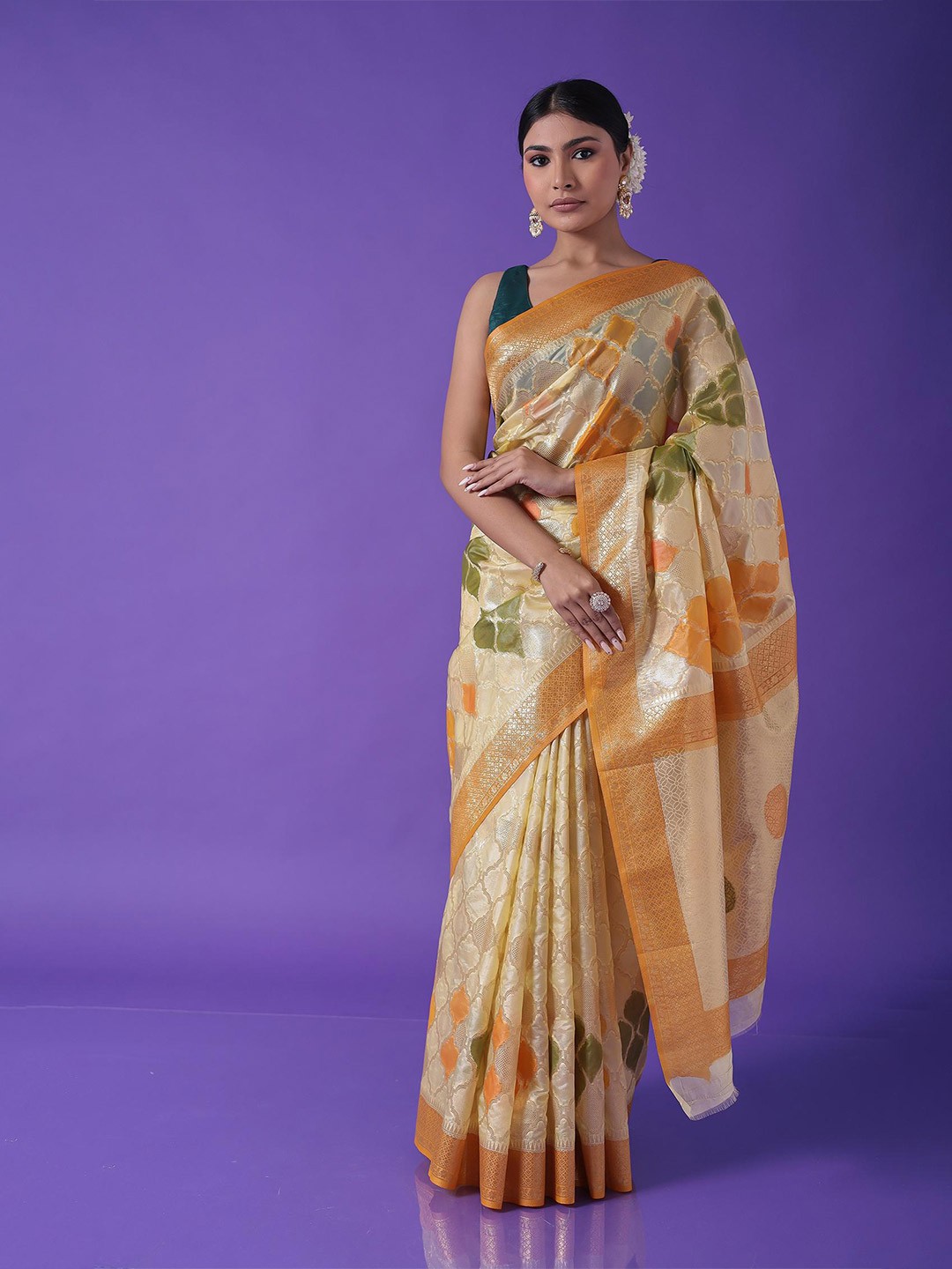 

ZARI Woven Design Zari Brocade Banarasi Saree, Yellow