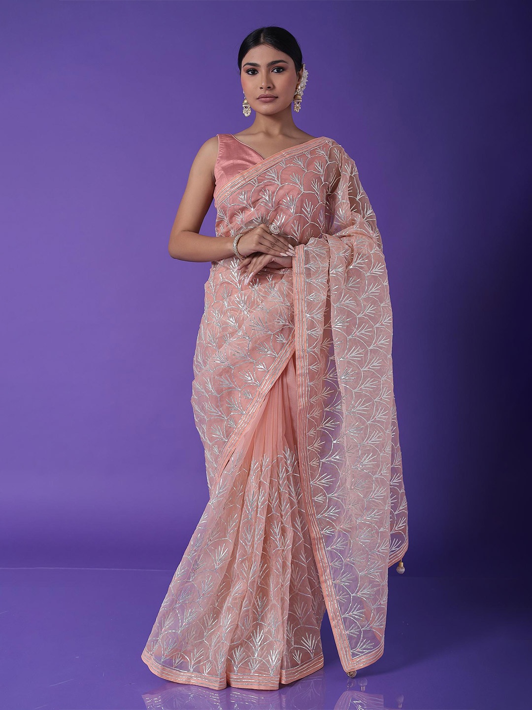

ZARI Embellished Gotta Patti Organza Saree, Orange