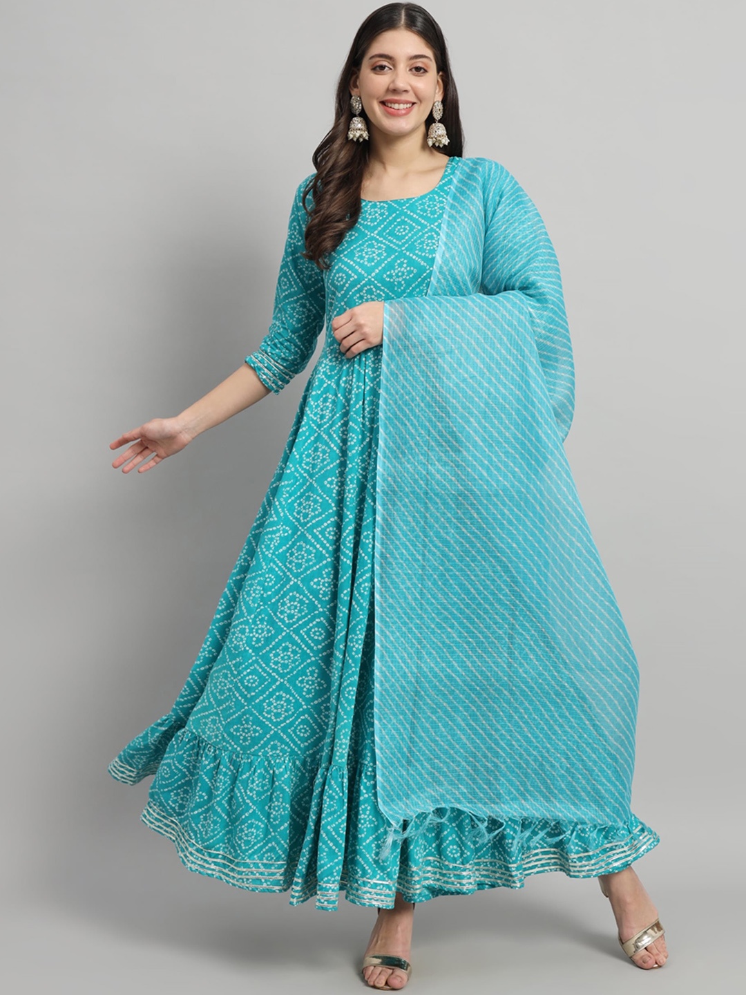 

Gujari Bandhani Printed Gotta Patti Cotton Anarkali Kurta With Dupatta, Blue