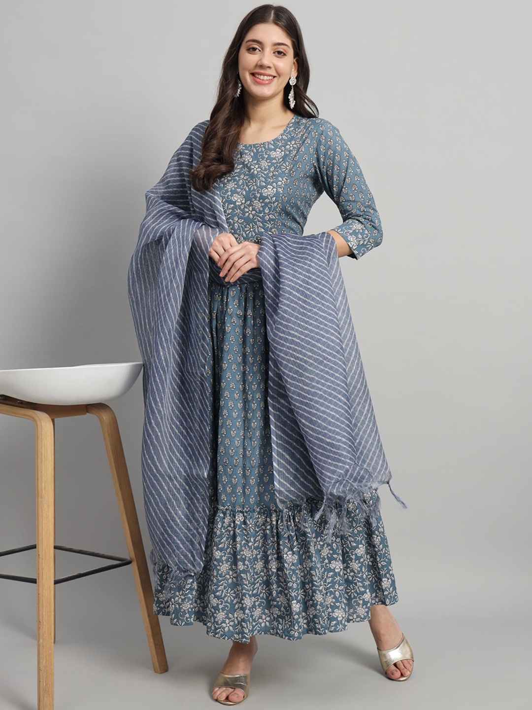 

Gujari Ethnic Motifs Printed Gathered Detailed Cotton Maxi Ethnic Dress With Dupatta, Grey