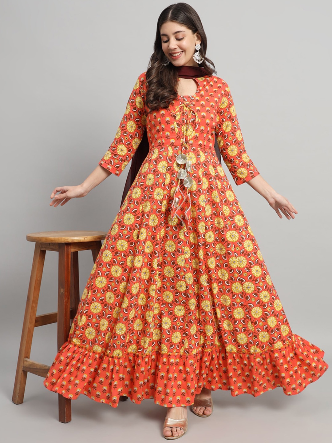 

Gujari Ethnic Motifs Printed Gathered Detailed Cotton Maxi Ethnic Dress With Dupatta, Orange