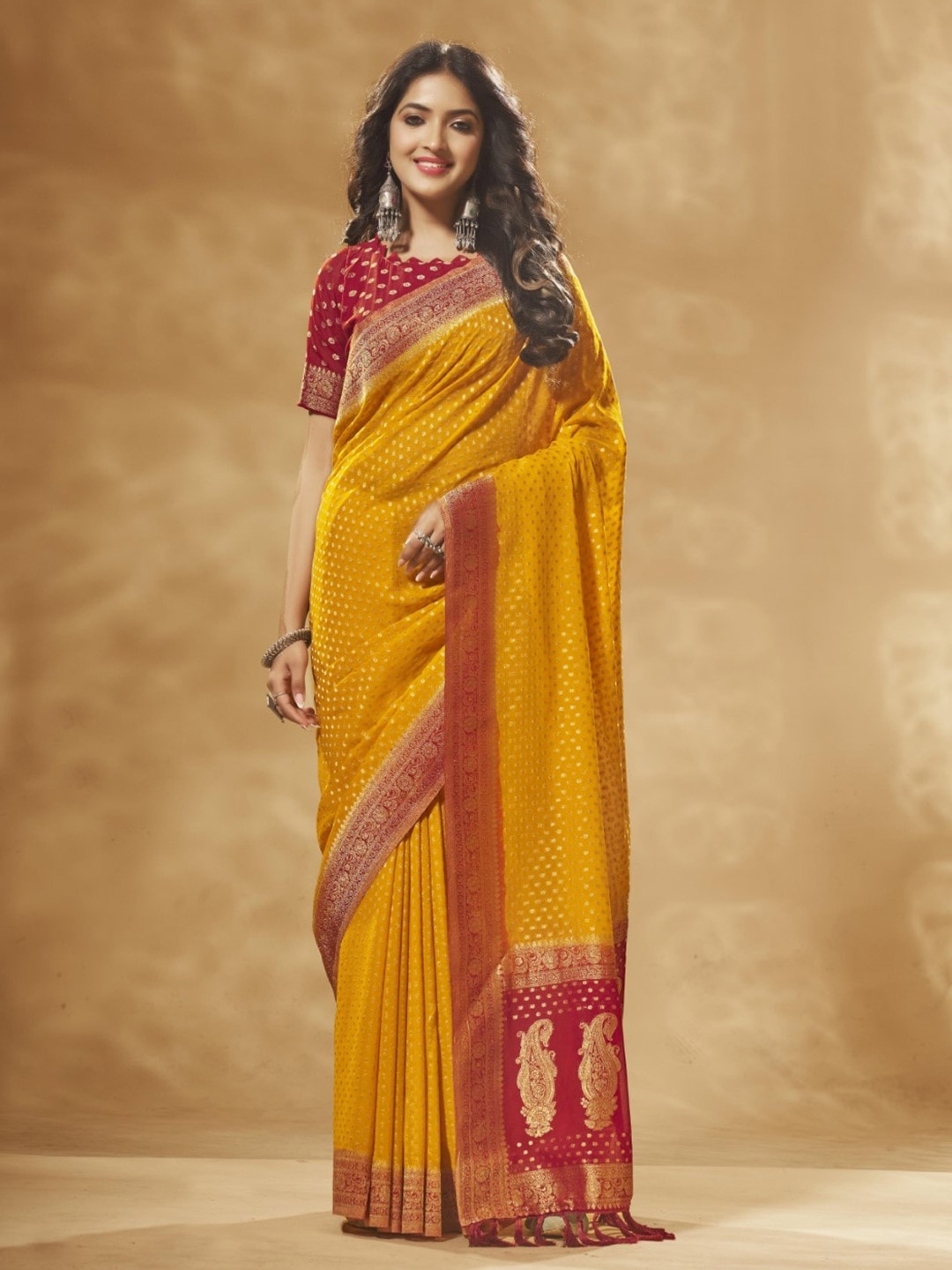 

V3 FASHION STUDIO Woven Design Zari Pure Georgette Banarasi Saree, Orange