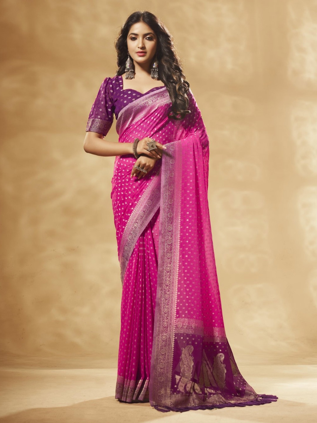 

V3 FASHION STUDIO Woven Design Zari Pure Georgette Banarasi Saree, Pink