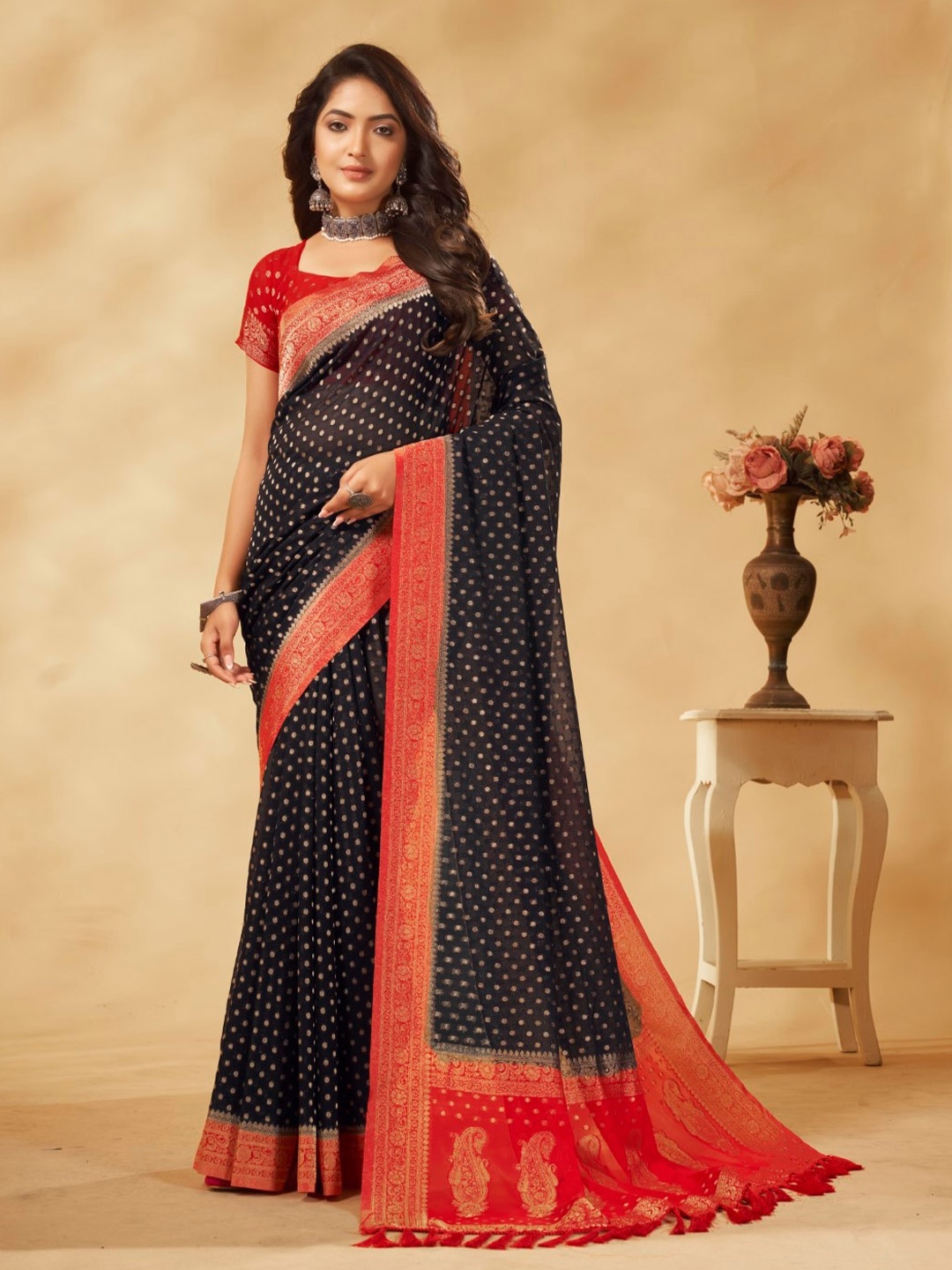 

V3 FASHION STUDIO Ethnic Motifs Woven Design Zari Pure Georgette Banarasi Saree, Black