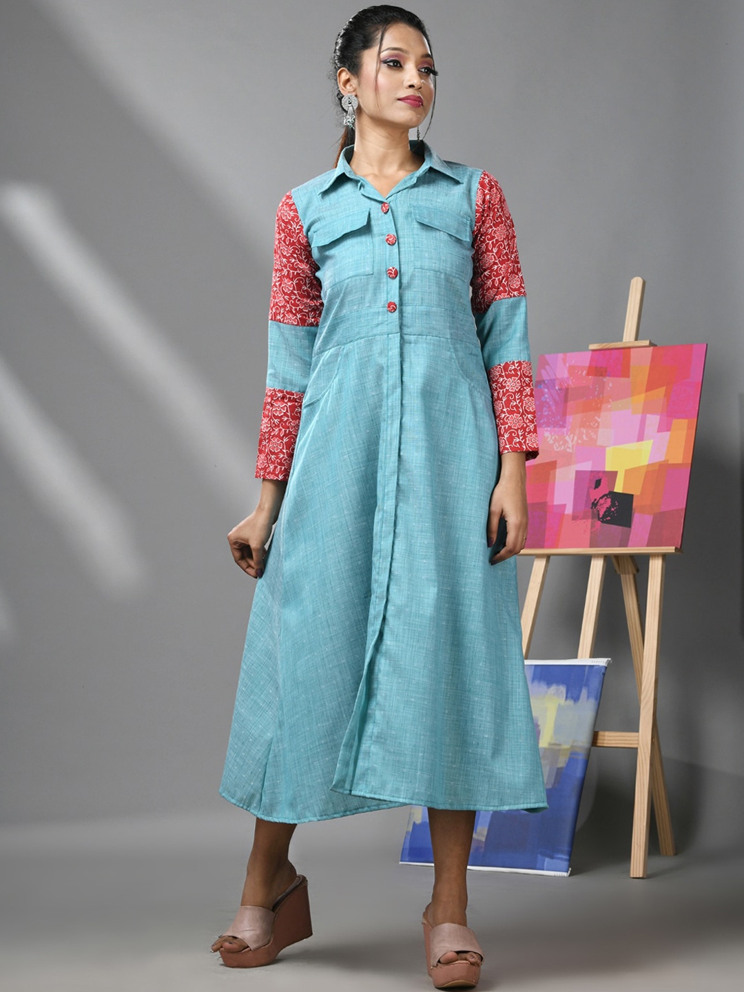 

Charukriti Shirt Collar Cotton A-Line Midi Dress, Blue
