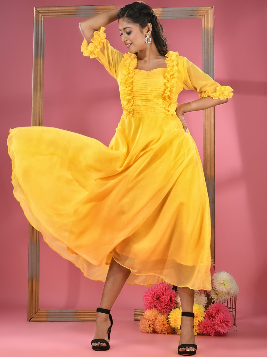 

Charukriti Sweetheart Neck Georgette Fit & Flared Dress With Ruffles, Yellow