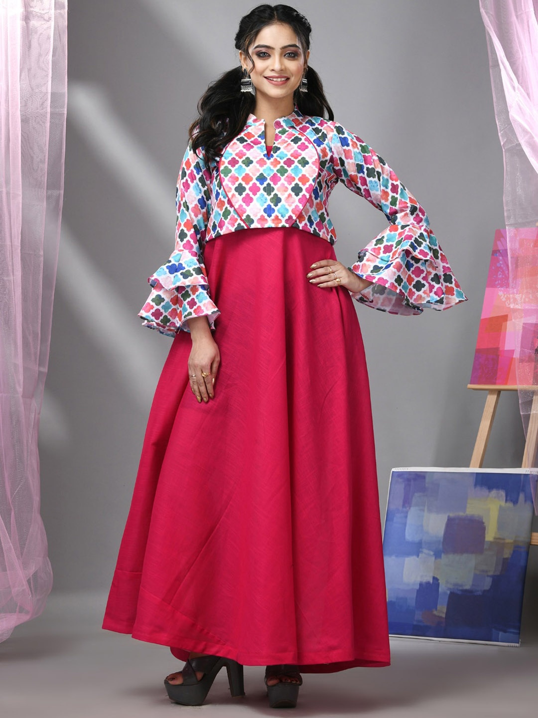 

Charukriti Sleeveless Cotton Fit & flare Maxi Dress With Jacket, Fuchsia