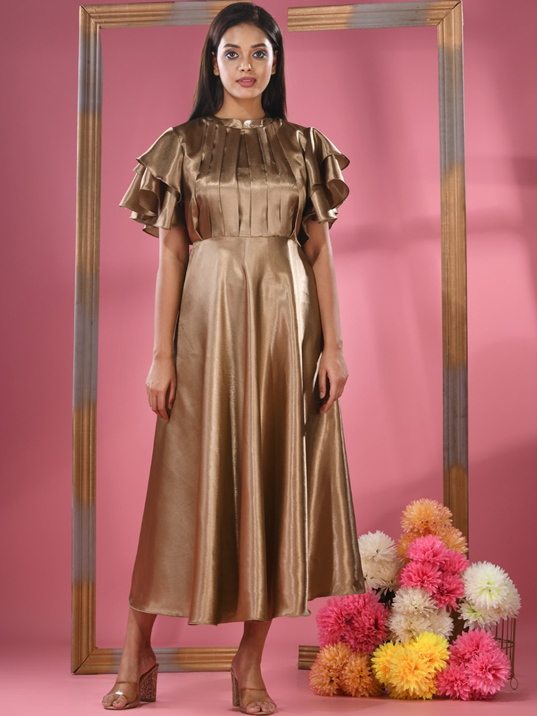 

Charukriti Mandarin Collar Ruffled Fit & Flare Midi Dress, Beige