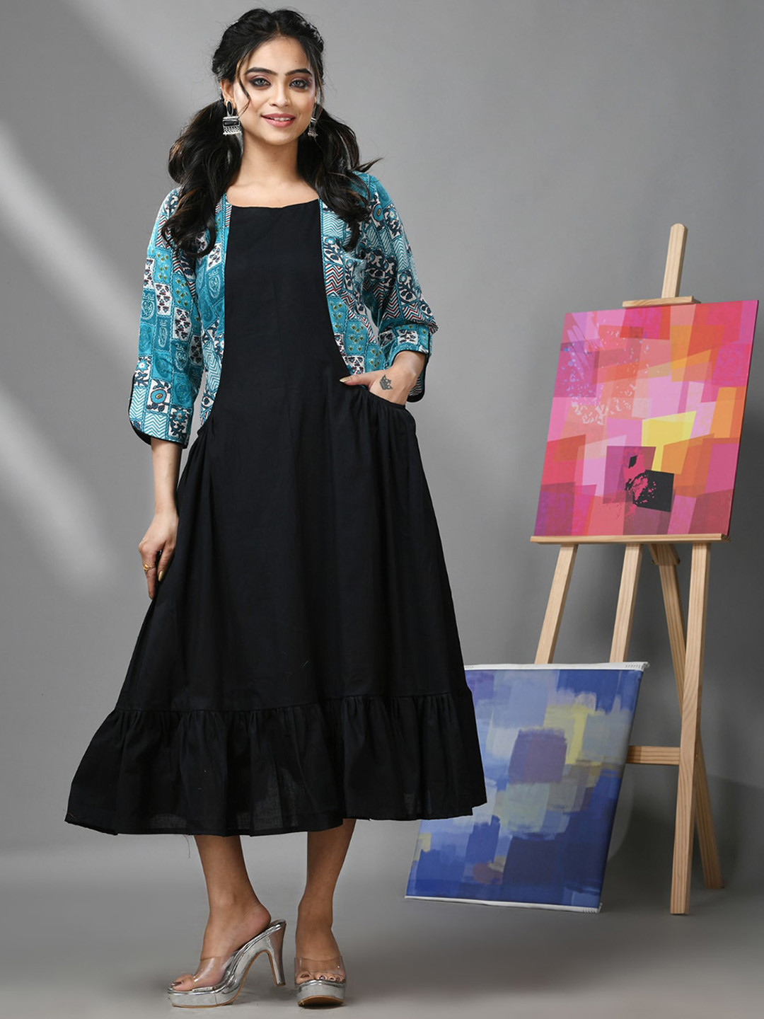 

Charukriti Ethnic Motifs Printed Round Neck Gathered Cotton A-Line Midi Dress, Black