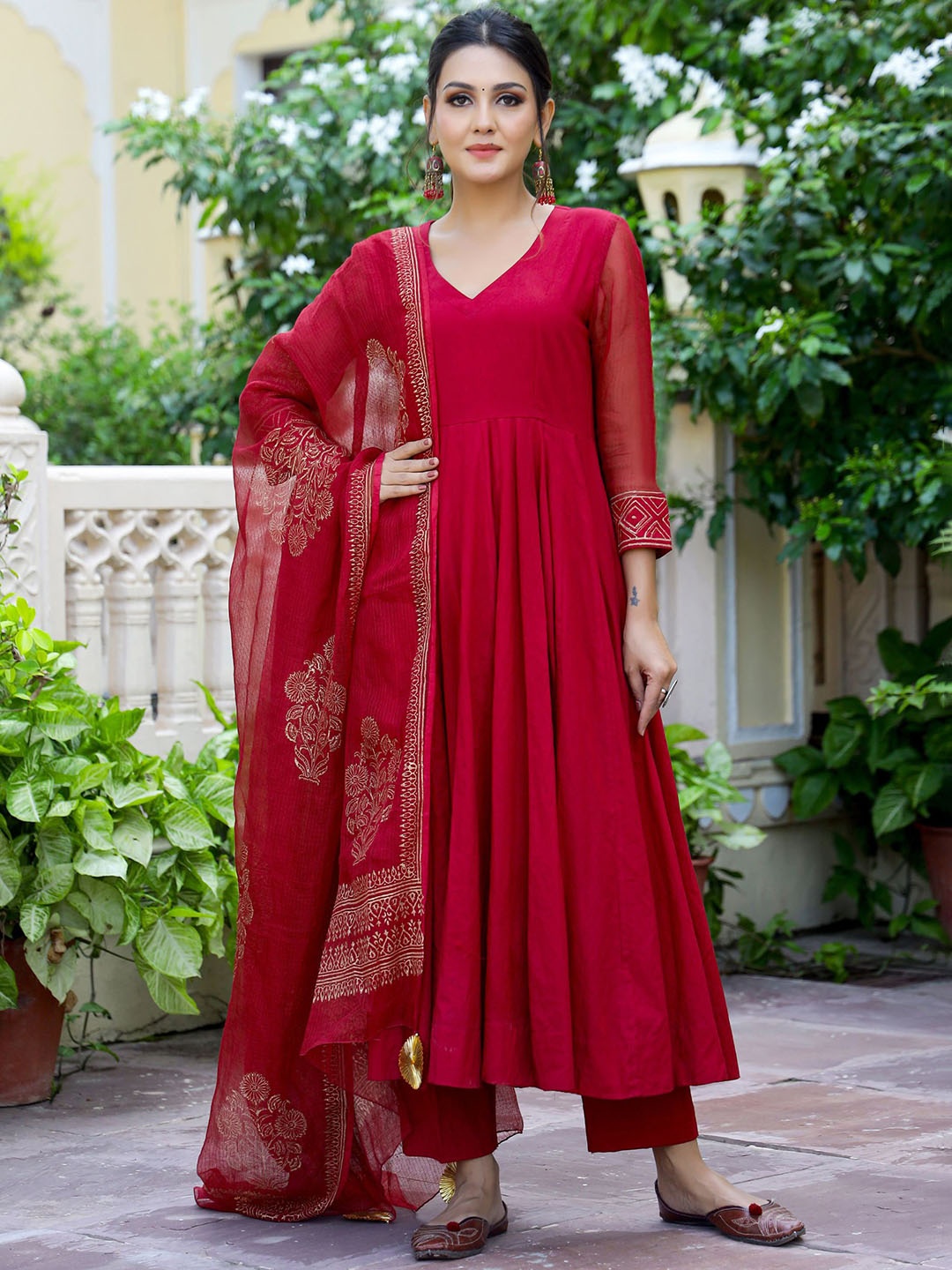 

GoSriKi V-Neck Anarkali Kurta with Trousers & Dupatta, Red
