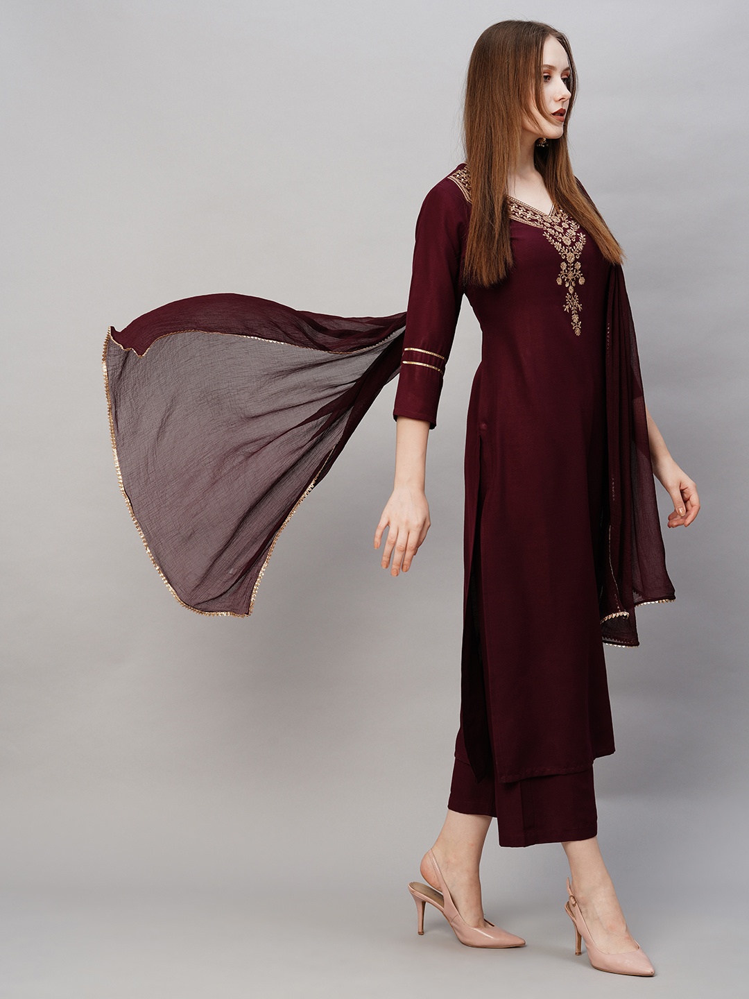 

KALINI Ethnic Motifs Embroidered Straight Kurta With Palazzos & Dupatta, Maroon