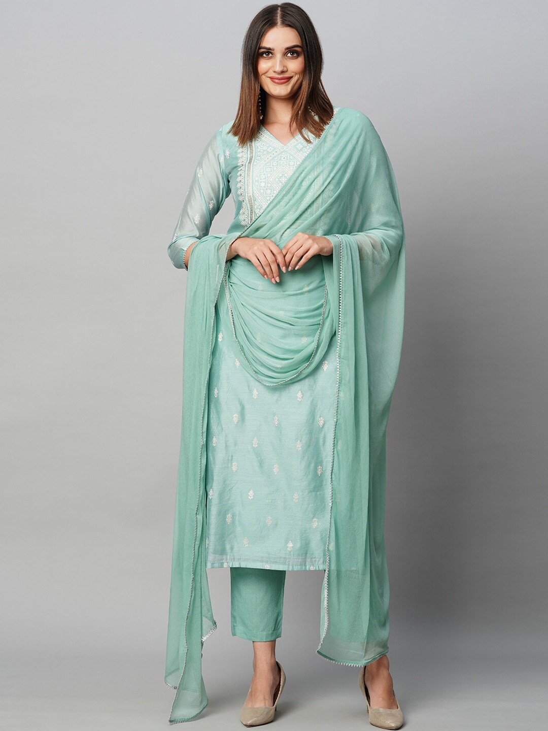 

KALINI Ethnic Motifs Embroidered Straight Kurta With Trousers & Dupatta, Green