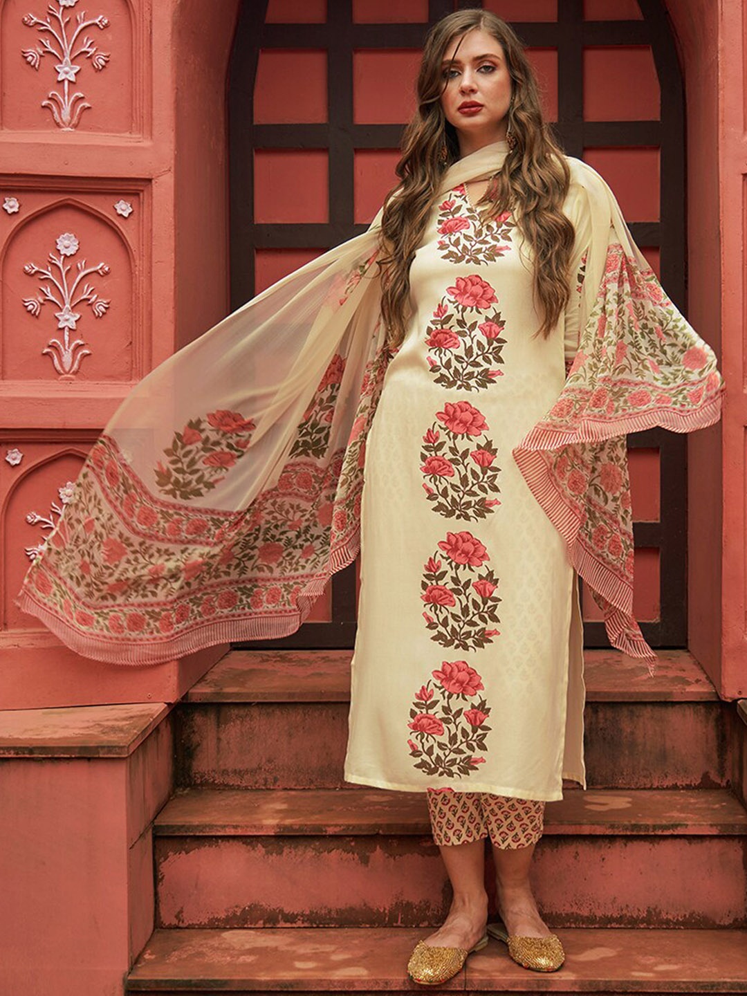 

KALINI Floral Printed Kurta With Trousers & Dupatta, Cream