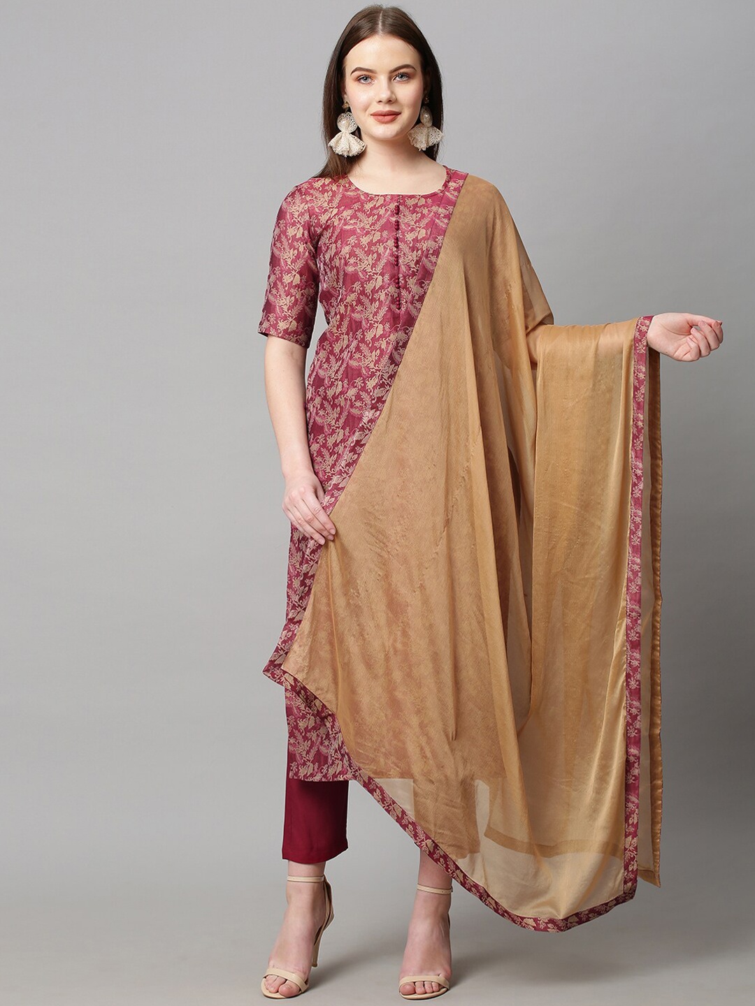 

KALINI Floral Printed Straight Kurta With Trousers & Dupatta, Red
