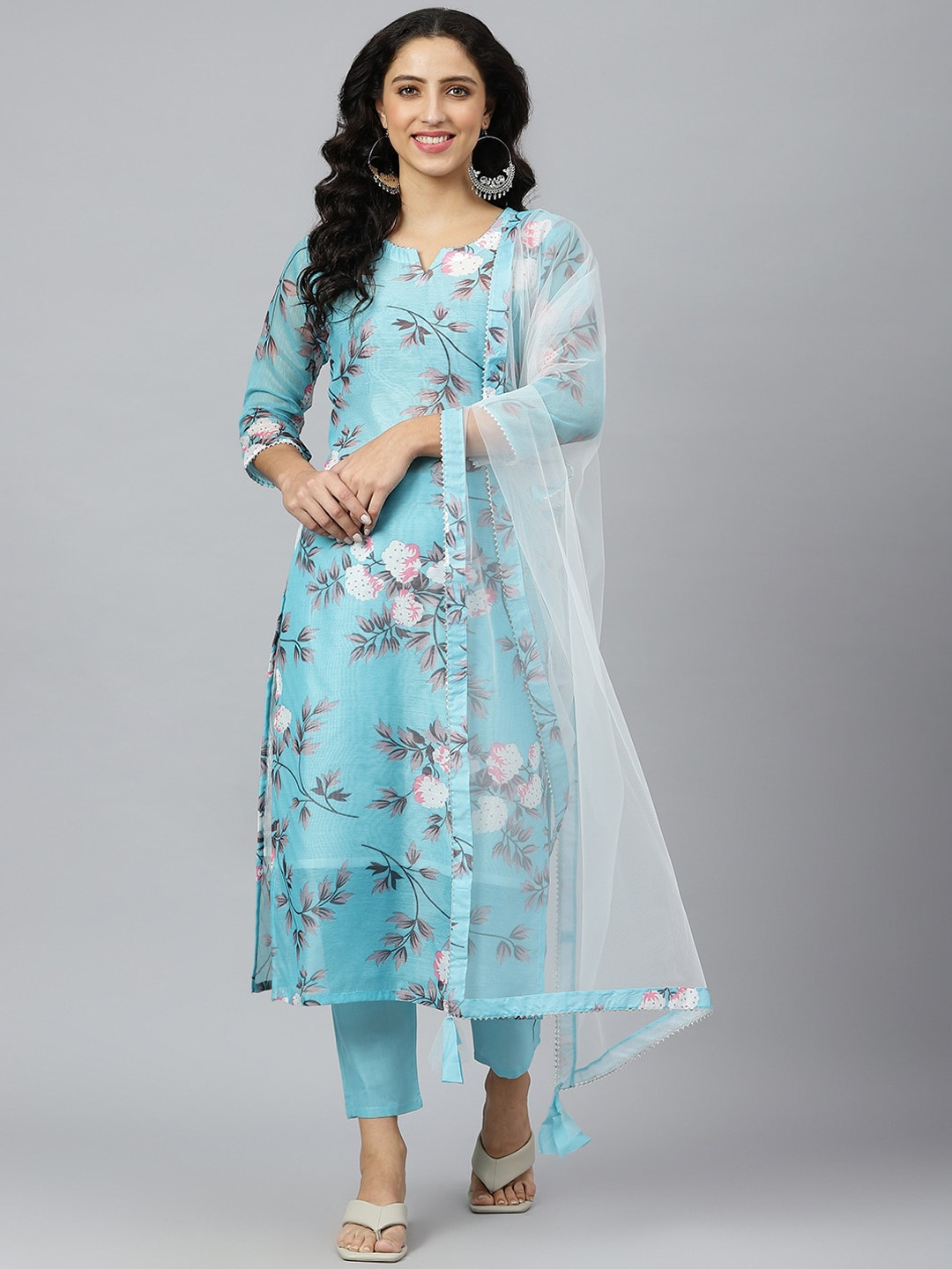 

KALINI Floral Printed Straight Kurta With Trousers & Dupatta, Blue