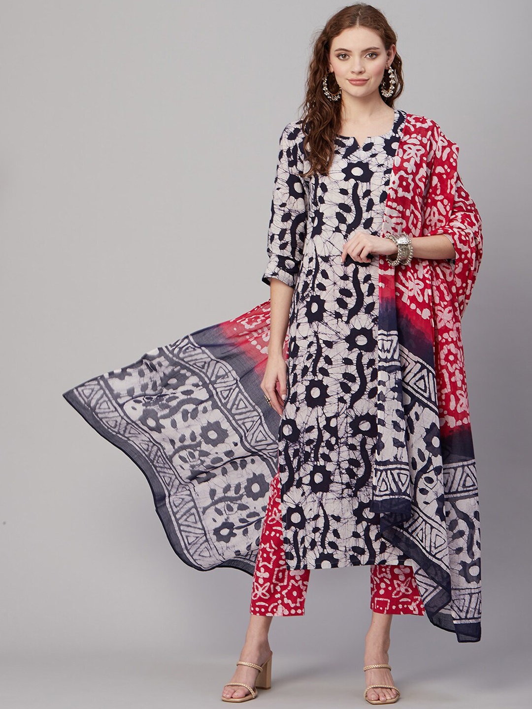 

KALINI Floral Printed Round Neck Straight Kurta with Trousers & Dupatta, Grey