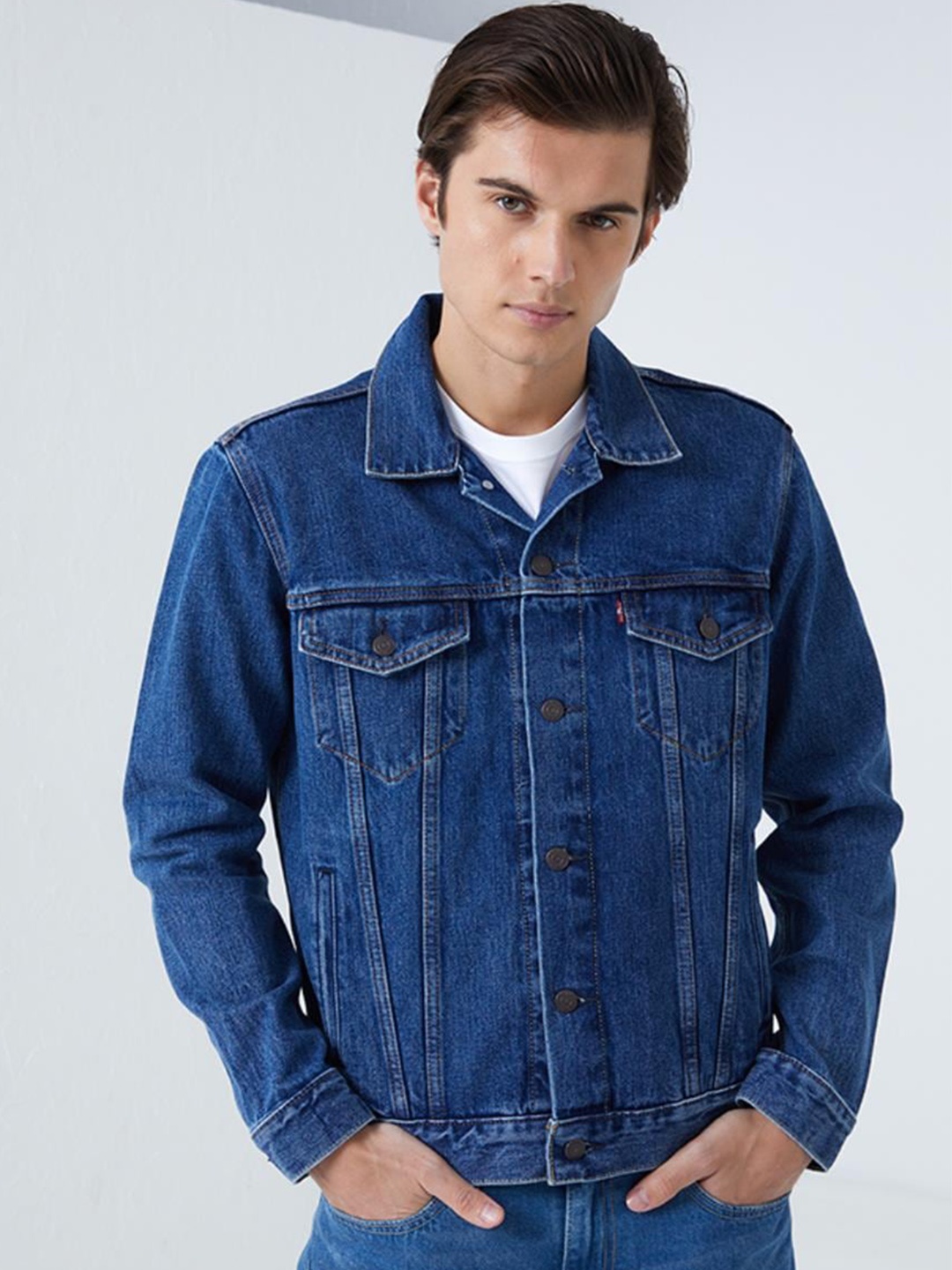 

Kotty Spread Collar Washed Crop Denim Jacket, Blue