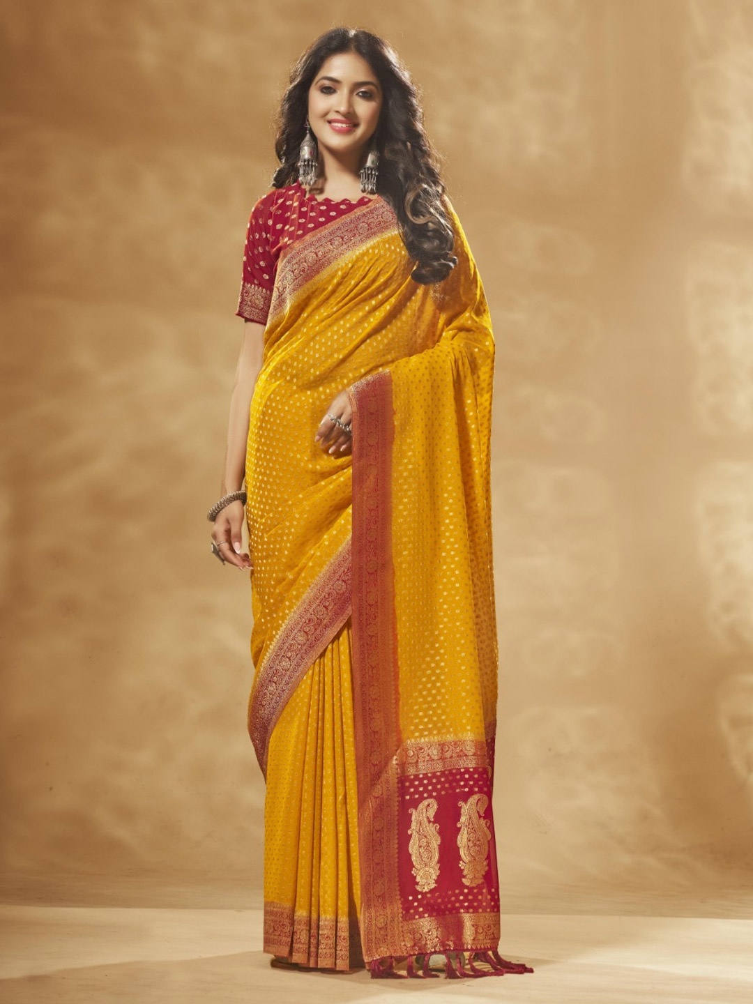 

DIVASTRI Ethnic Motifs Zari Pure Georgette Banarasi Saree, Orange