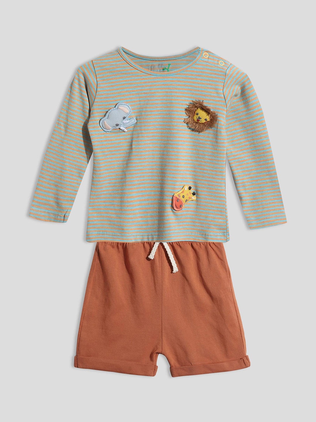 

Somersault Boys Striped Pure Cotton T-shirt with Shorts, Brown