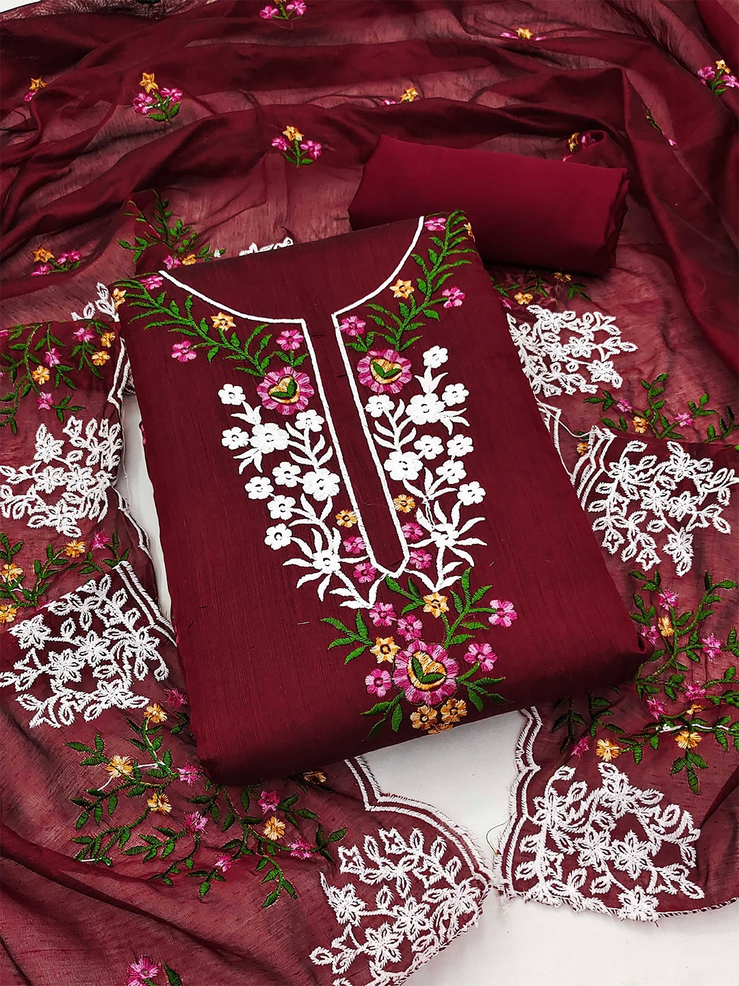 

KALINI Floral Embroidered Chanderi Unstitched Dress Material, Maroon