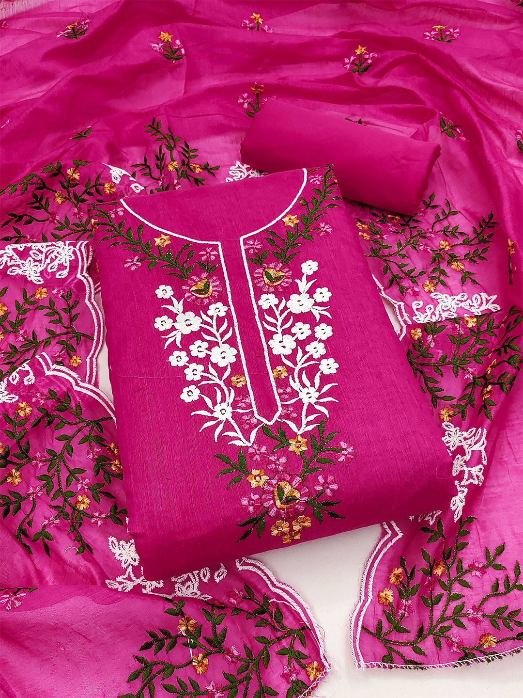 

KALINI Floral Embroidered Chanderi Unstitched Dress Material, Pink