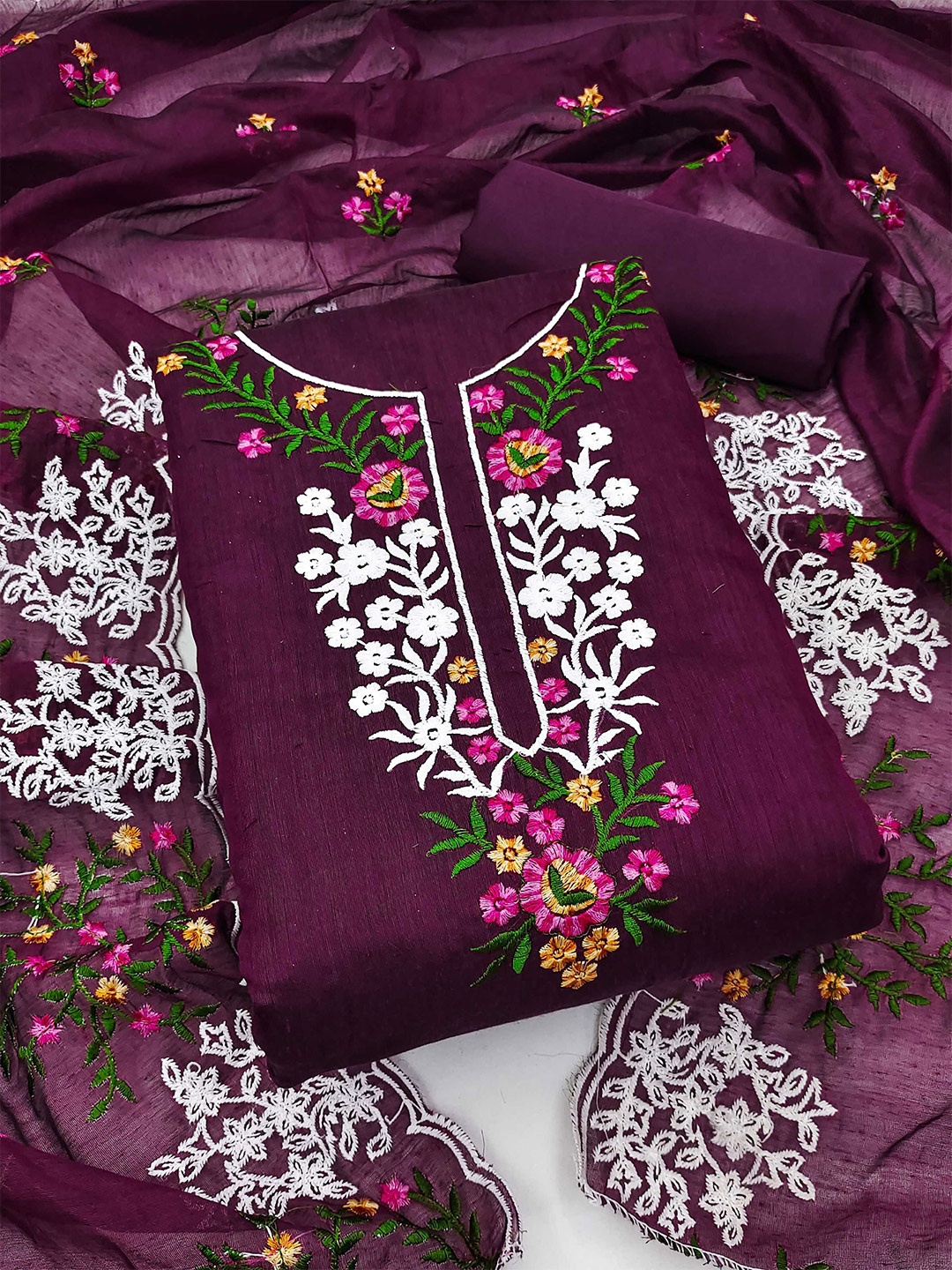 

KALINI Floral Embroidered Chanderi Unstitched Dress Material, Purple