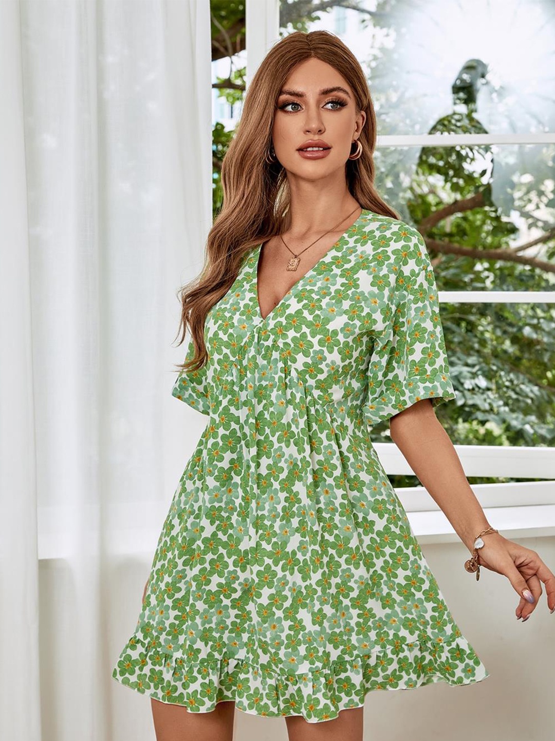 

Stylecast X Kotty Floral Printed Gathered Crepe Fit & Flare Mini Dress, Green