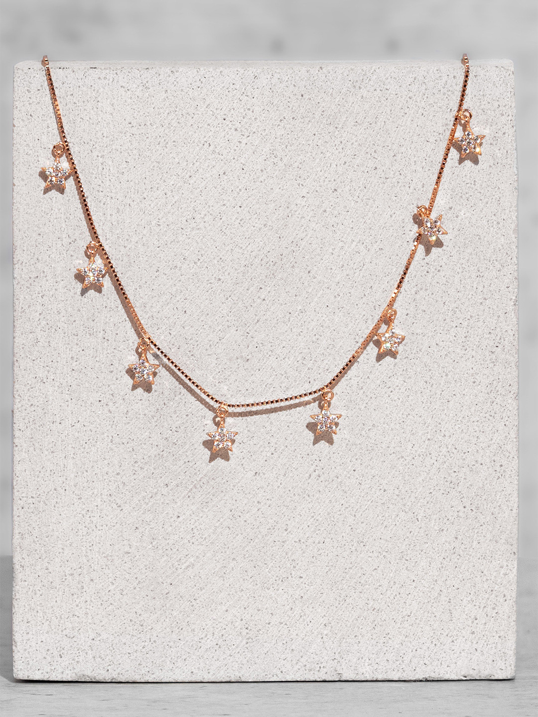 

ORIONZ Sterling Silver Rose Gold-Plated Cubic Zirconia Stars Shaped Studded Necklace
