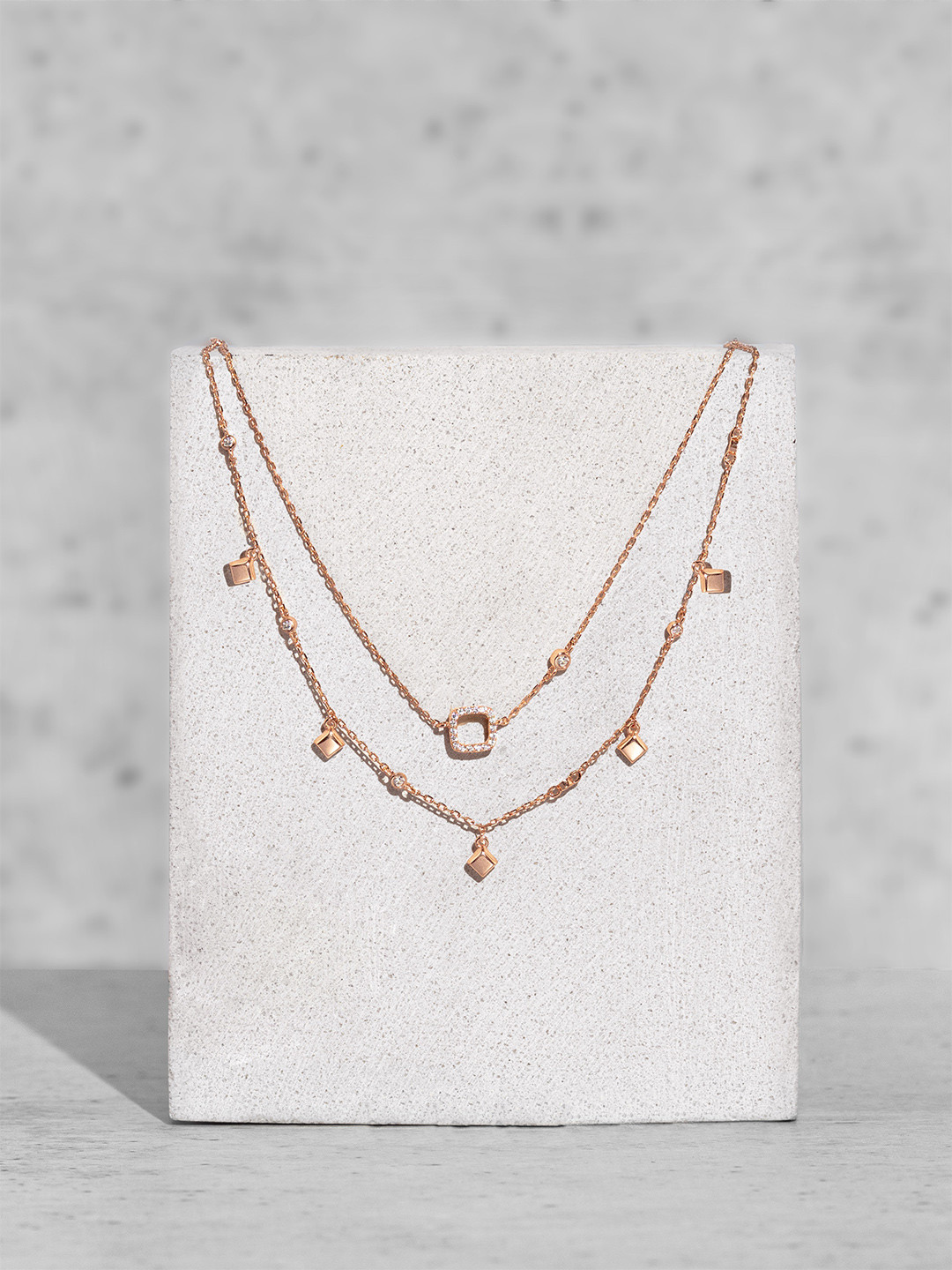

ORIONZ Sterling Silver Rose Gold-Plated Cubic Zirconia Studded Square Layered Necklace