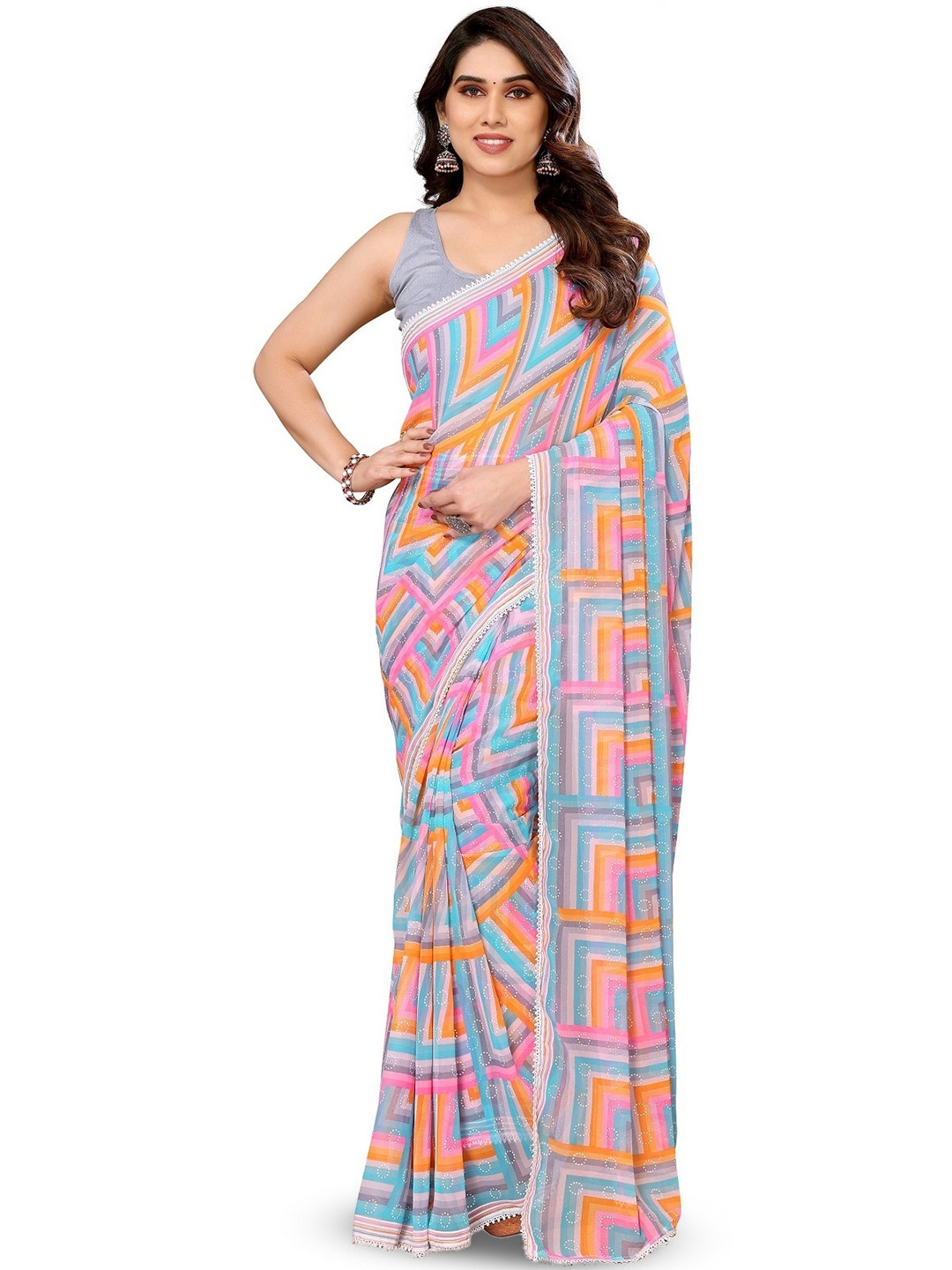 

ROOP SUNDARI SAREES Embroidered Printed Pure Georgette Saree, Grey