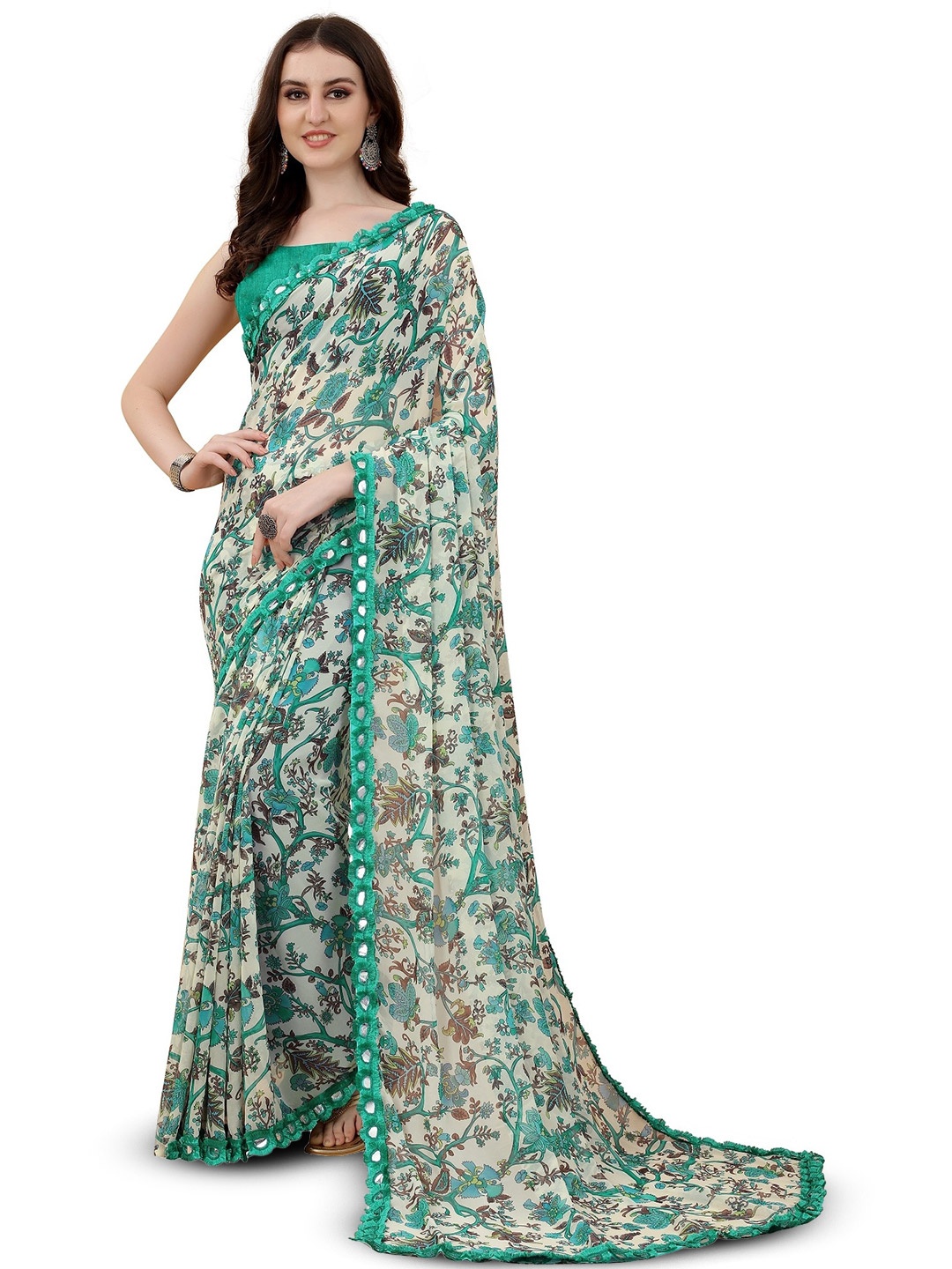 

ROOP SUNDARI SAREES Floral Printed Embroidered Pure Georgette Saree, Green