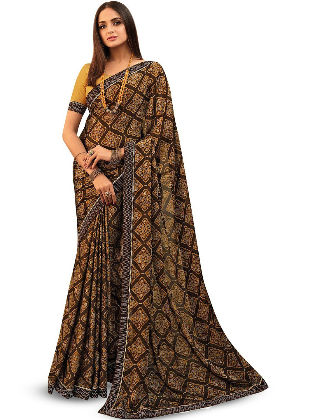 

ROOP SUNDARI SAREES Floral Printed Georgette Saree, Brown