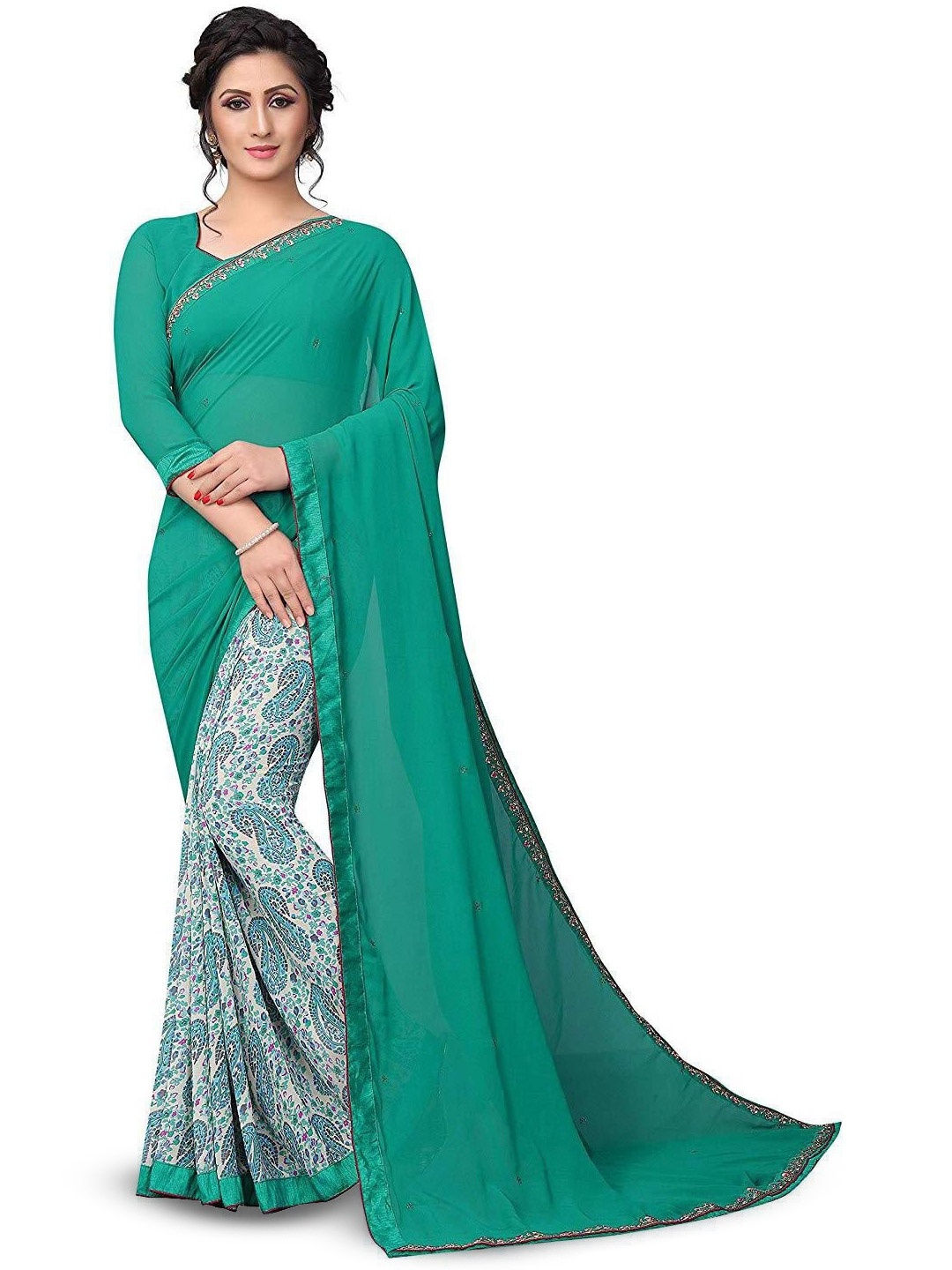 

ROOP SUNDARI SAREES Floral Embroidered Pure Georgette Saree, Green