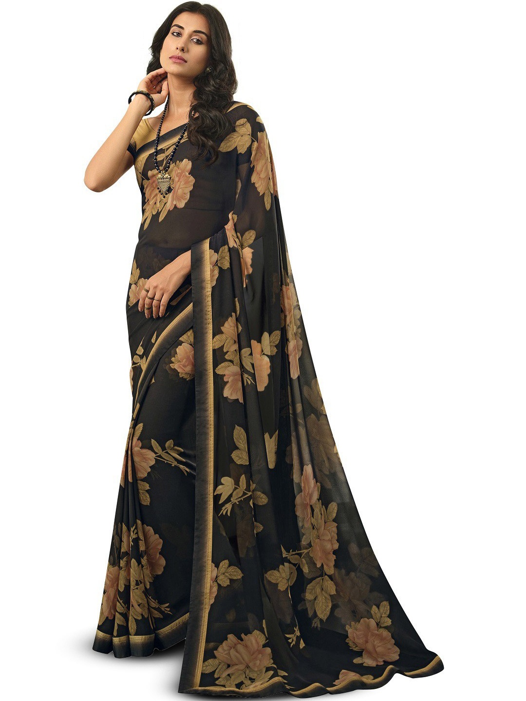 

ROOP SUNDARI SAREES Floral Printed Pure Georgette Saree, Black