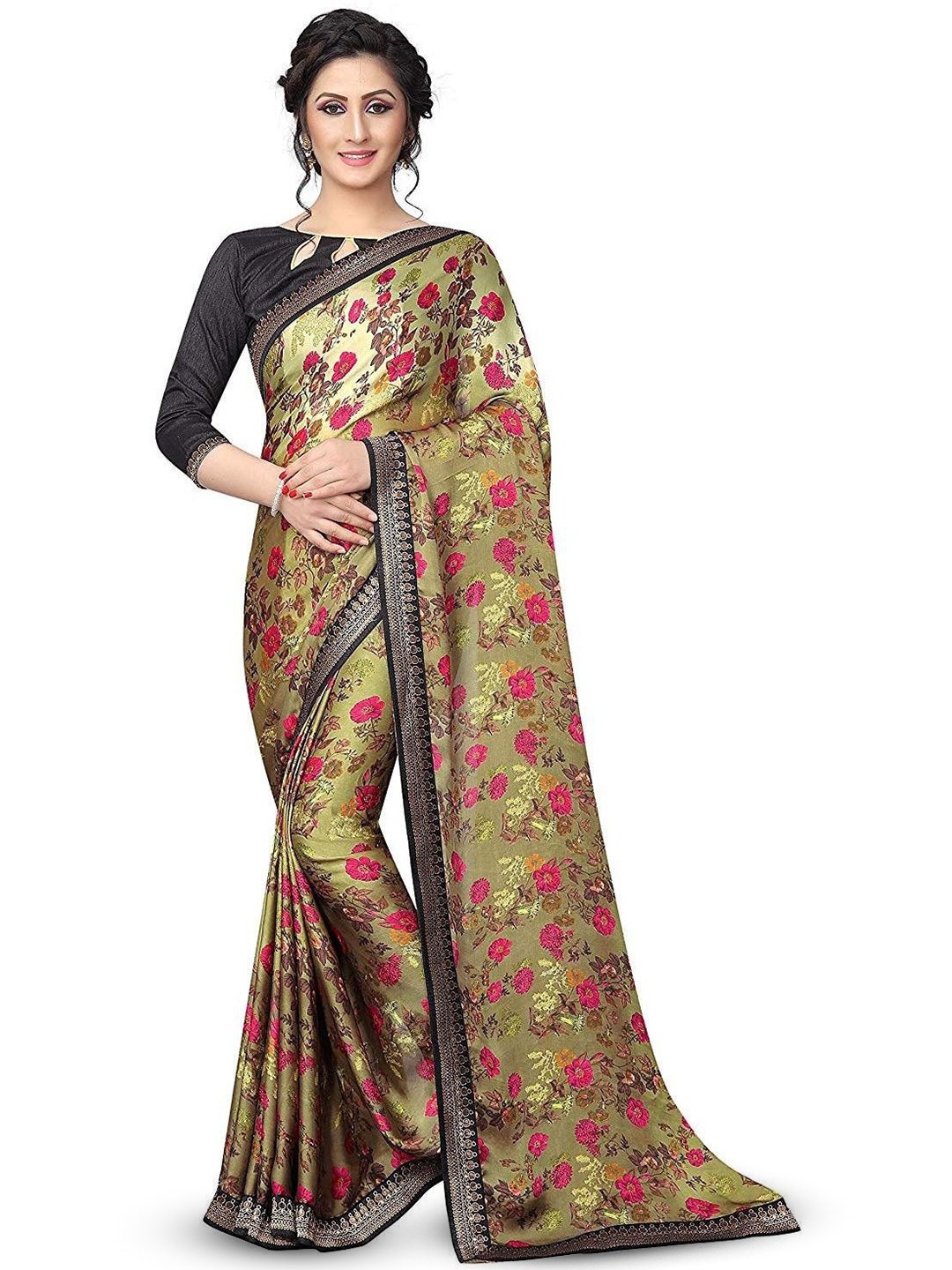 

ROOP SUNDARI SAREES Floral Printed Embroidered Pure Georgette Saree, Gold