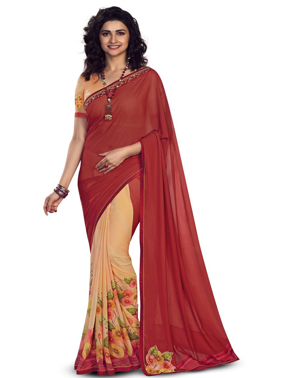 

ROOP SUNDARI SAREES Floral Printed Embroidered Pure Georgette Saree, Red