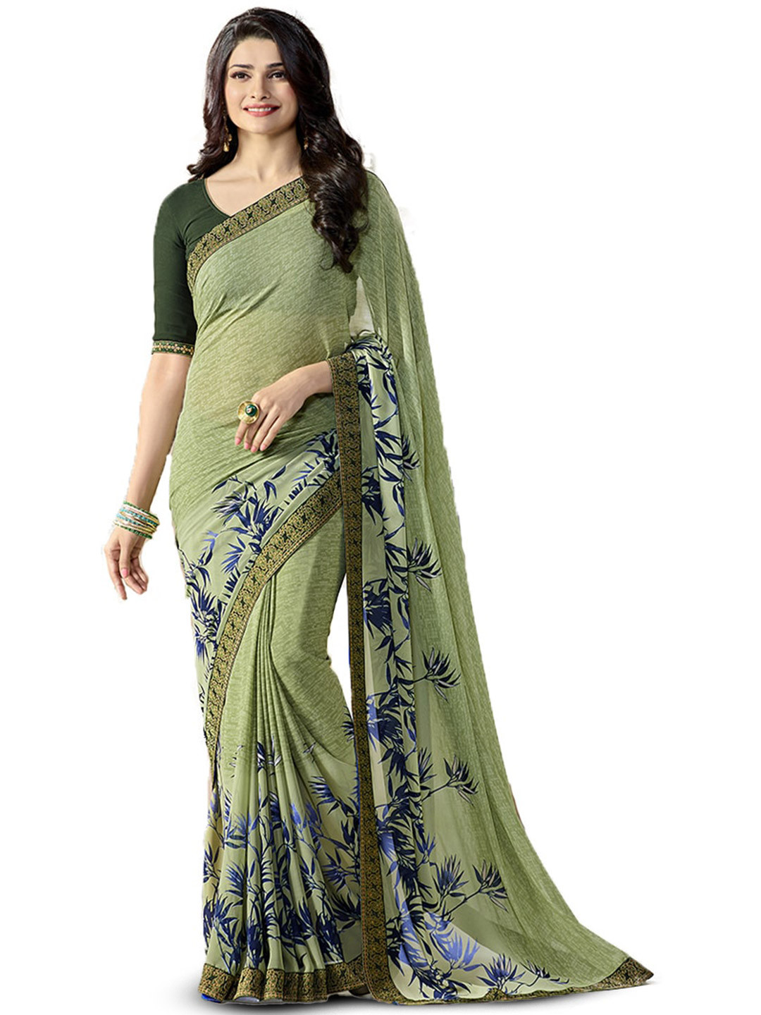 

ROOP SUNDARI SAREES Floral Printed Pure Georgette Saree, Green