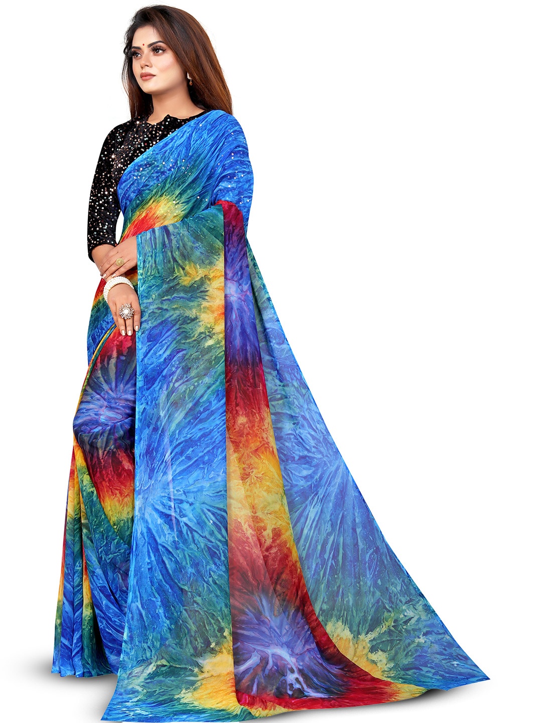 

ROOP SUNDARI SAREES Tie and Dye Pure Georgette Saree, Blue