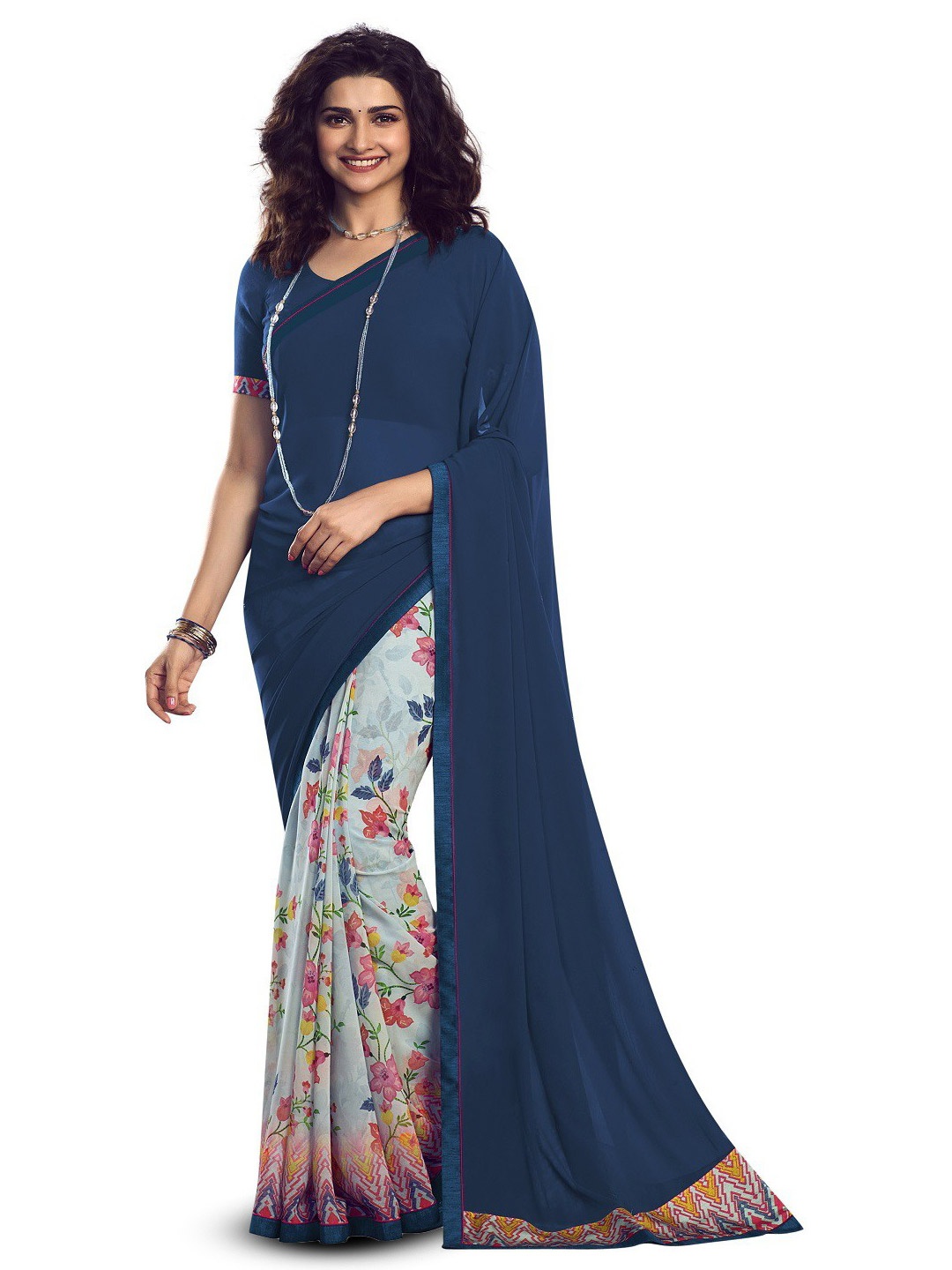 

ROOP SUNDARI SAREES Floral Printed Pure Georgette Saree, Blue
