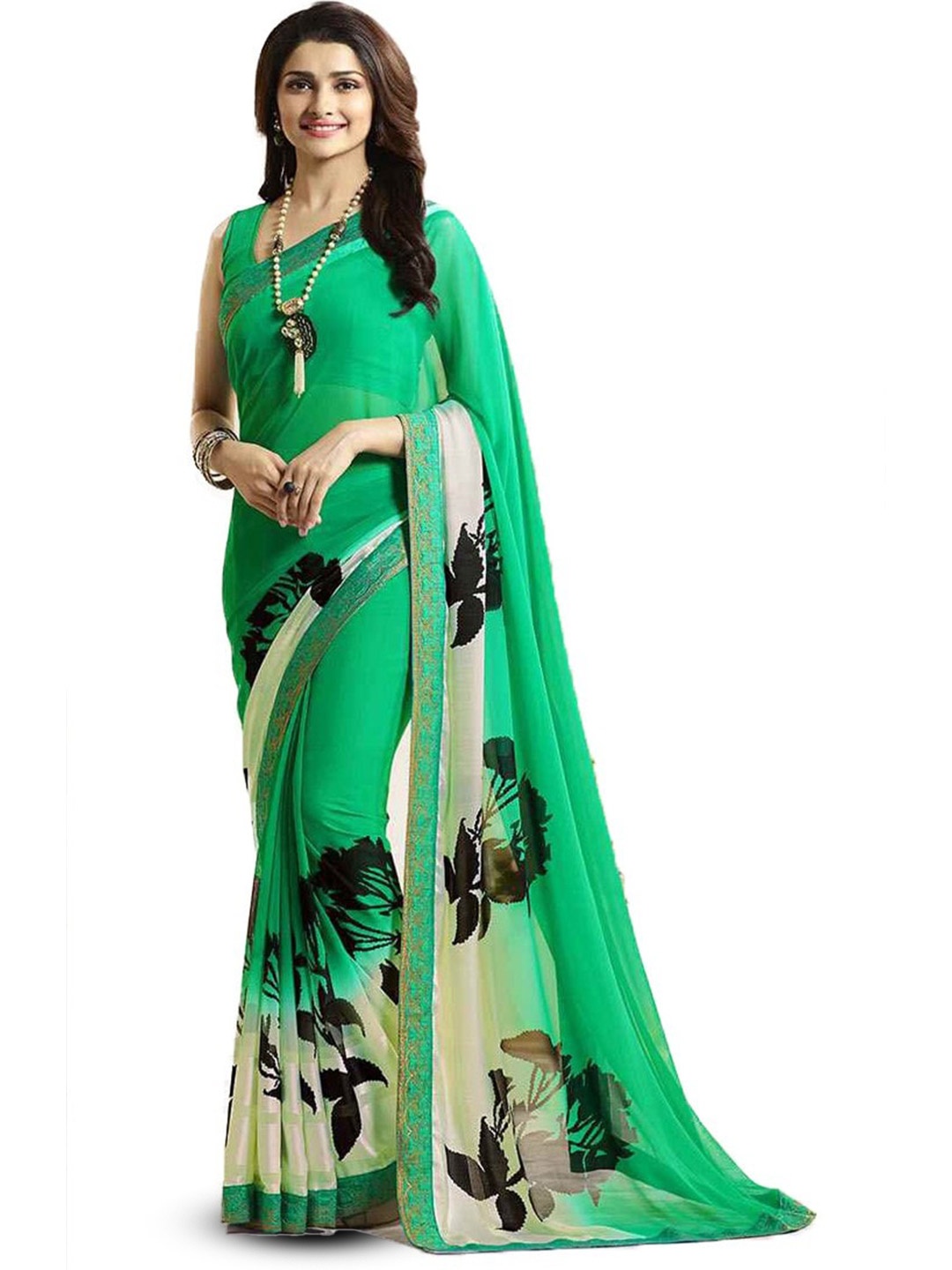 

ROOP SUNDARI SAREES Floral Printed Zari Georgette Saree, Green