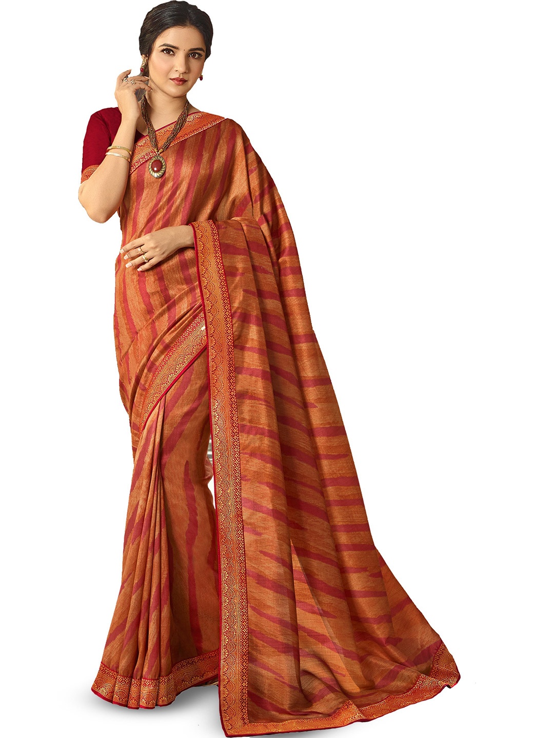 

ROOP SUNDARI SAREES Striped Woven Design Zari Pure Georgette Saree, Orange
