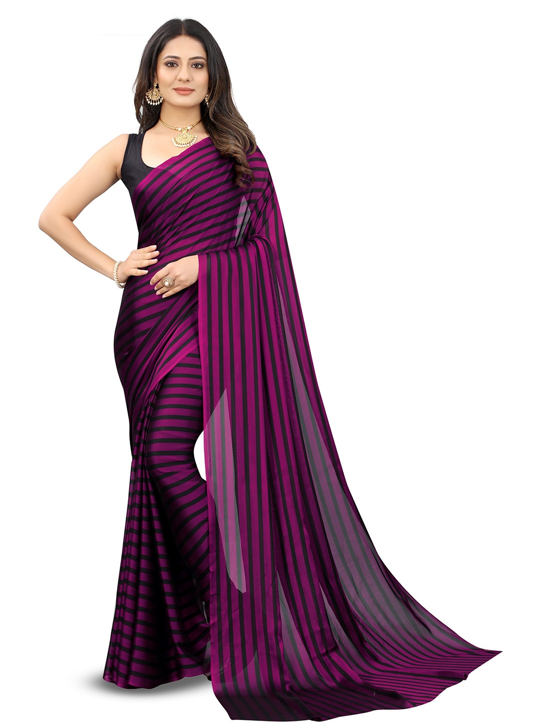 

ROOP SUNDARI SAREES Striped Printed Saree, Purple