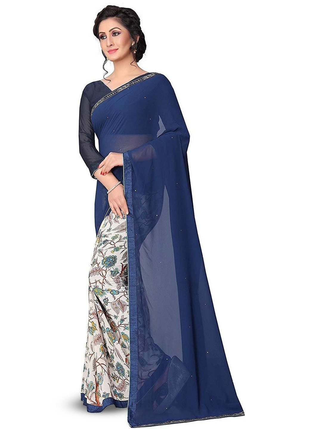 

ROOP SUNDARI SAREES Floral Printed Pure Georgette Half and Half Saree, White