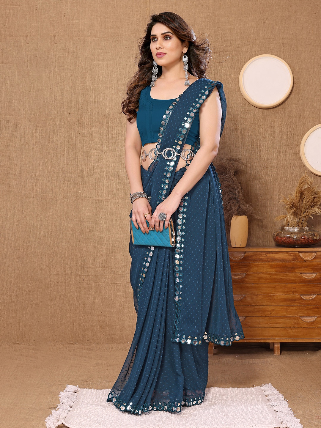 

ROOP SUNDARI SAREES Floral Mirror Work Embroidered Pure Georgette Saree, Blue