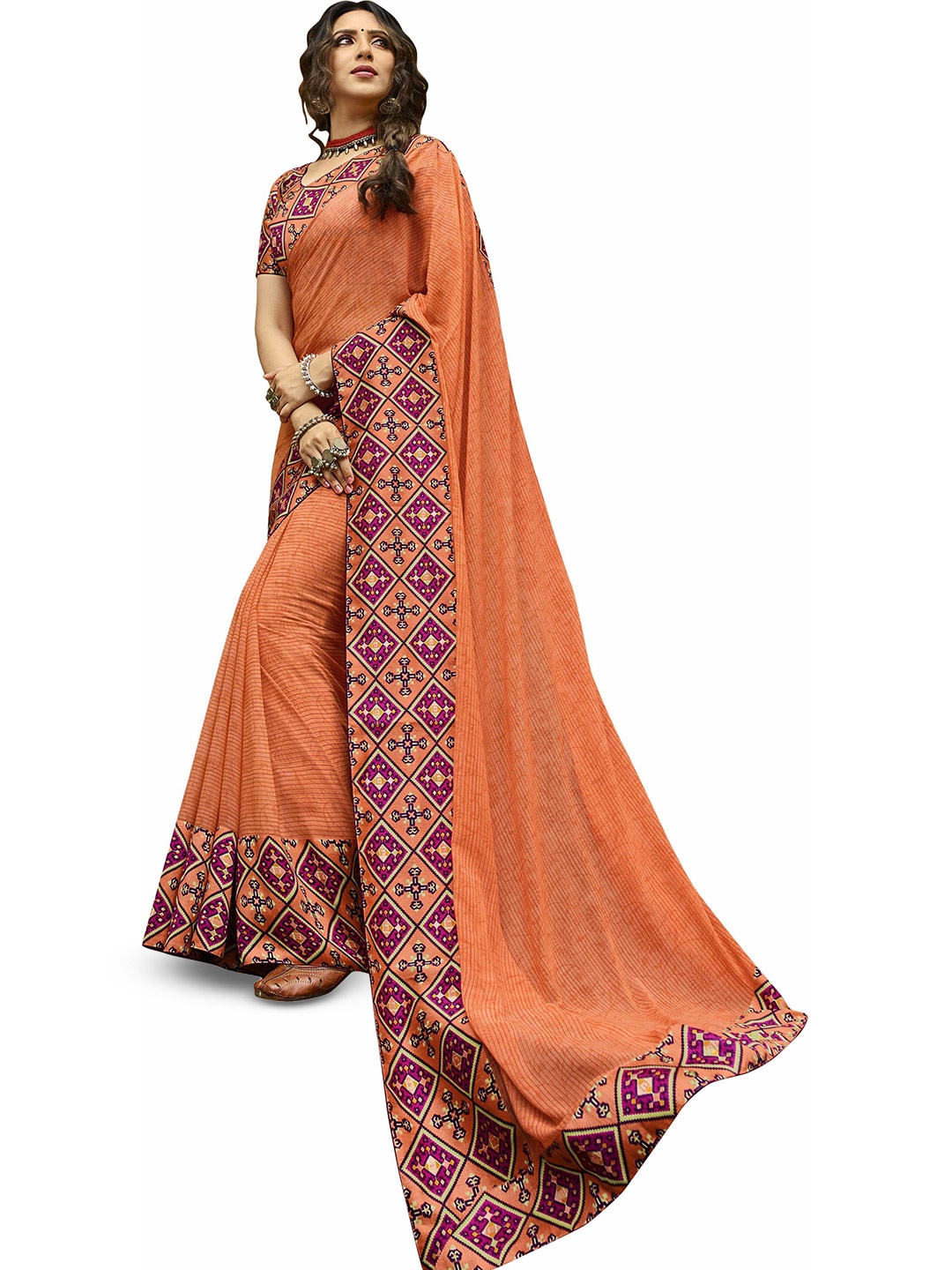

ROOP SUNDARI SAREES Striped Pure Georgette Saree, Orange