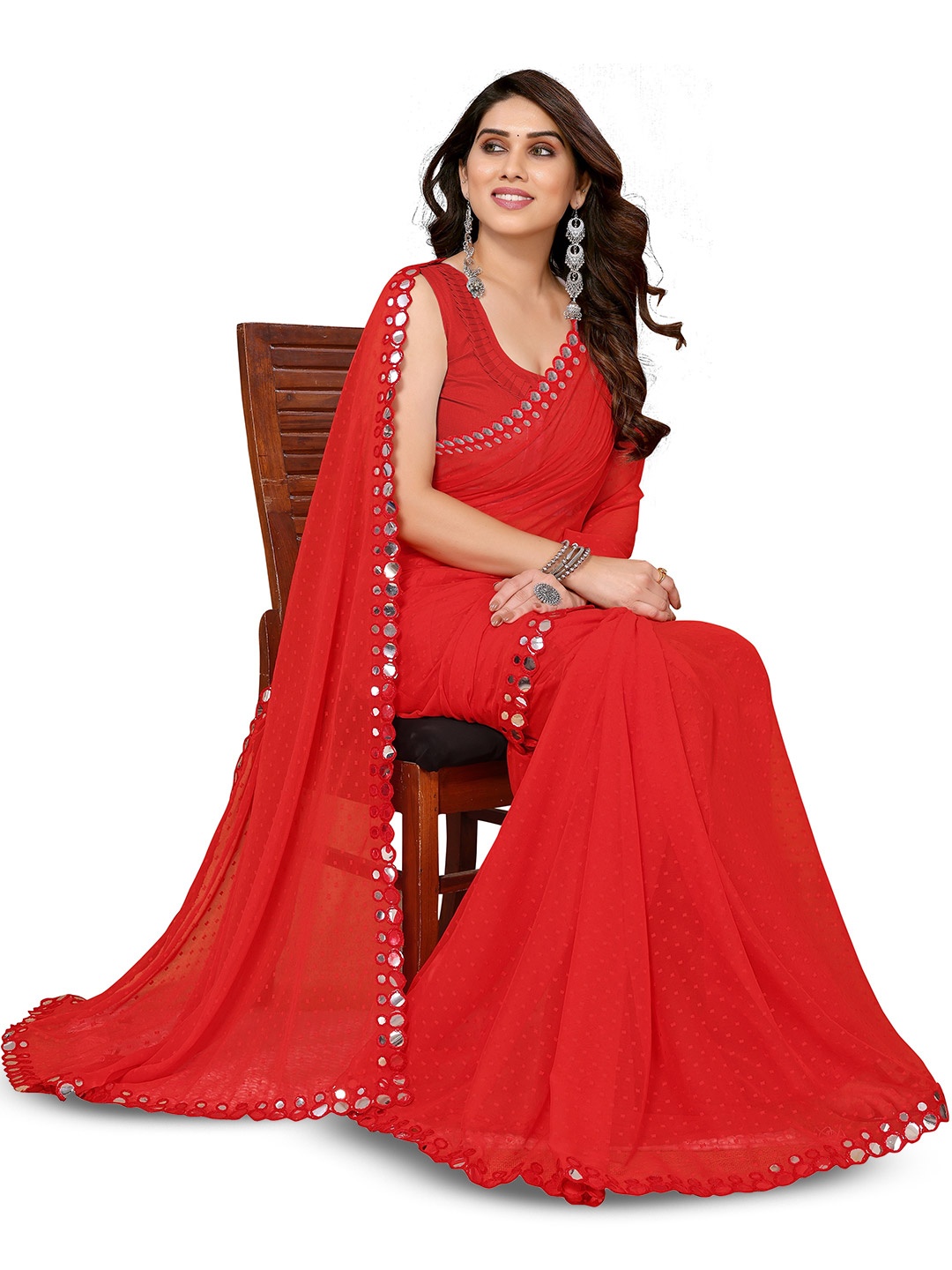 

ROOP SUNDARI SAREES Woven Design Embellished Mirror Work Pure Georgette Saree, Red