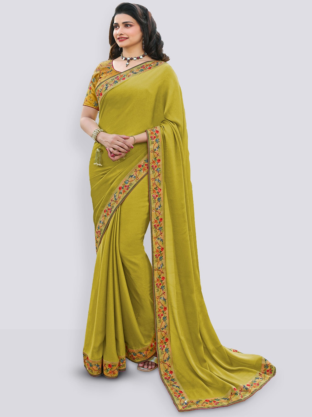 

ROOP SUNDARI SAREES Floral Embellished Border Pure Silk Saree, Green
