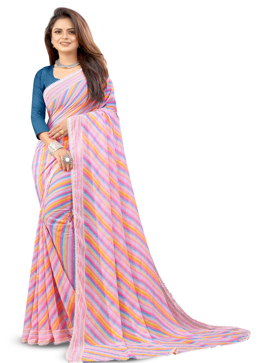 

ROOP SUNDARI SAREES Floral Printed Pure Georgette Saree, Pink