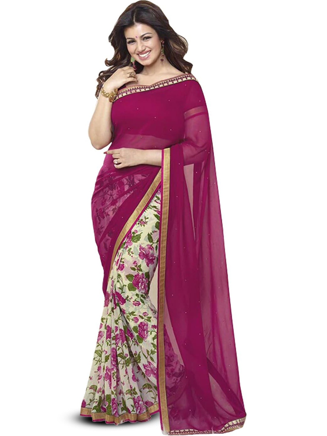 

ROOP SUNDARI SAREES Floral Pure Georgette Half and Half Saree, Pink