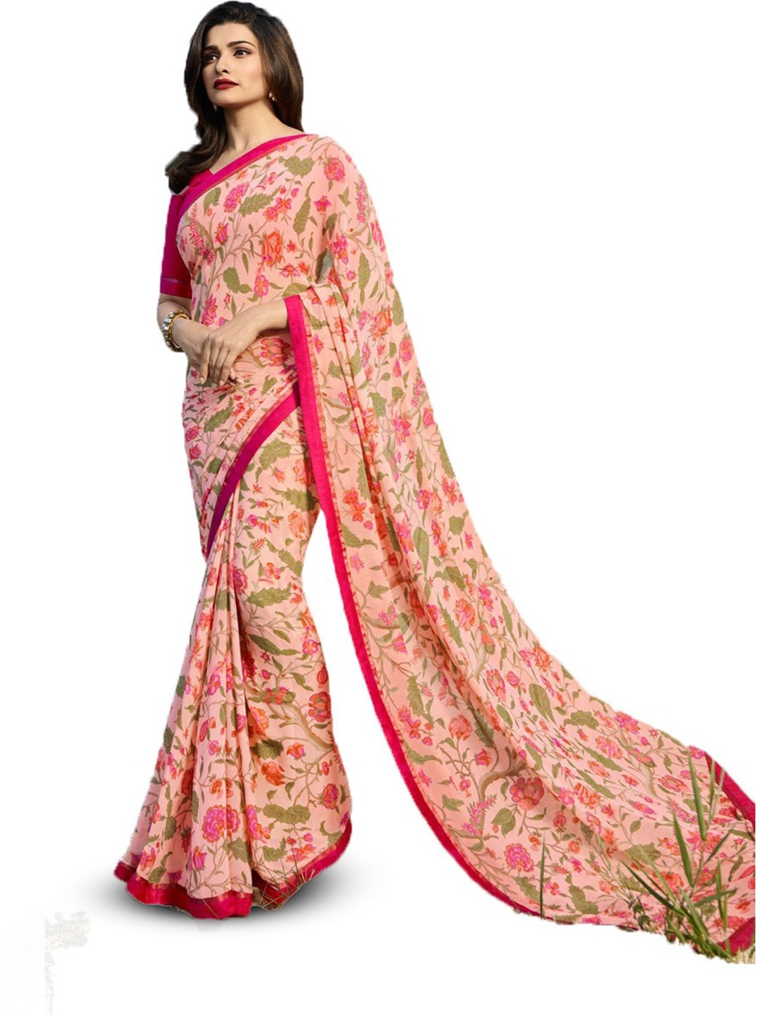 

ROOP SUNDARI SAREES Floral Printed Pure Georgette Saree, Pink